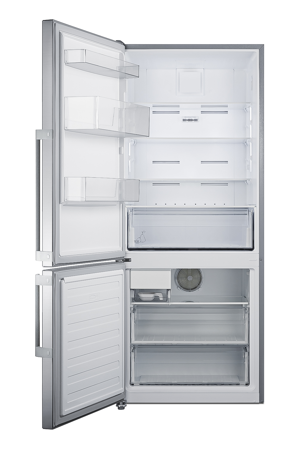 Frost-free ENERGY STAR certified bottom freezer refrigerator with icemaker in stainless steel
